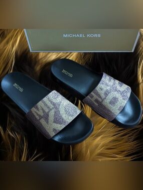 Michael Kors Gilmore Pixie Fine Glitter Slides in Dark Purple Berry with Gold